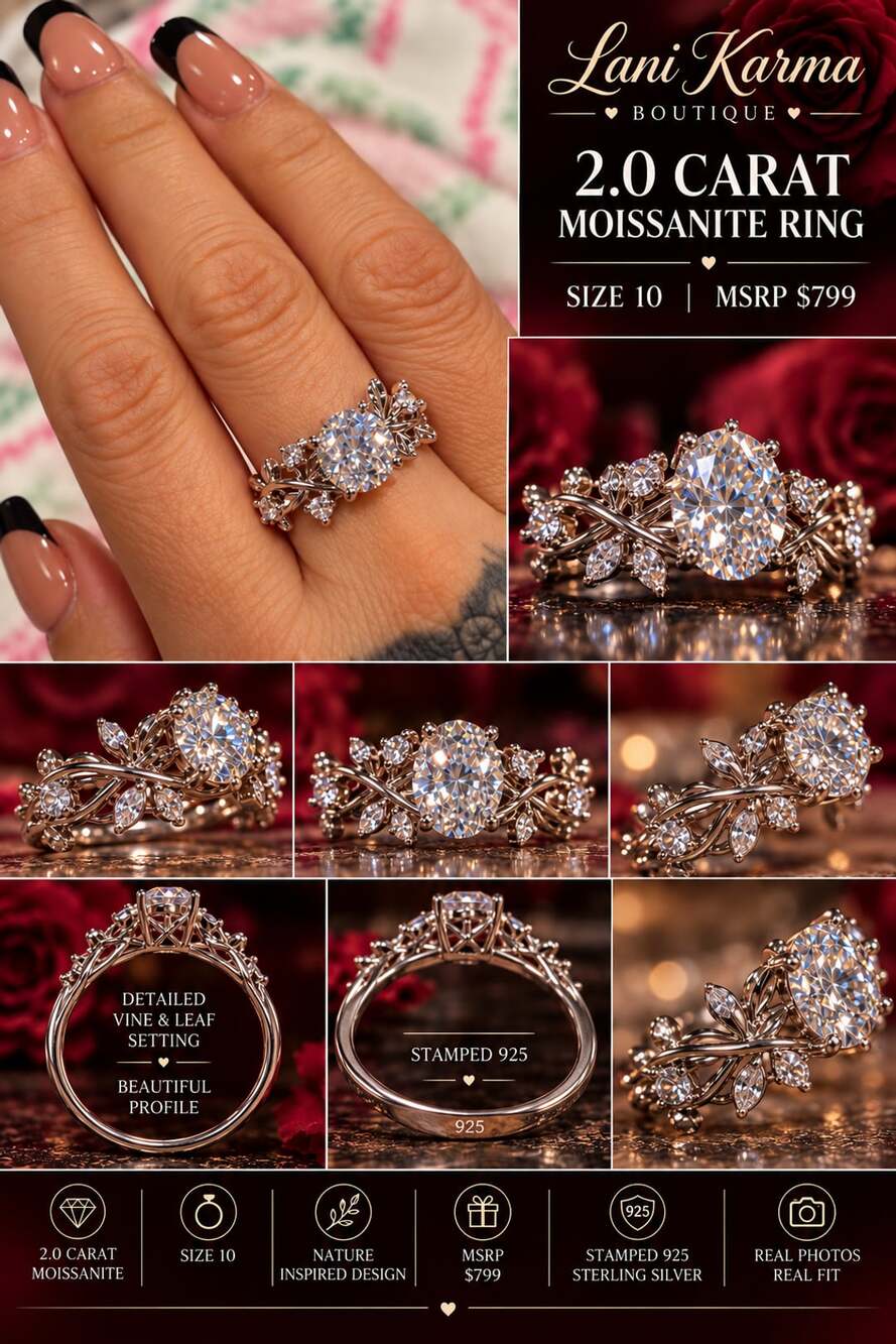 2.0 Carat Moissanite Ring Size 10 Sterling Silver